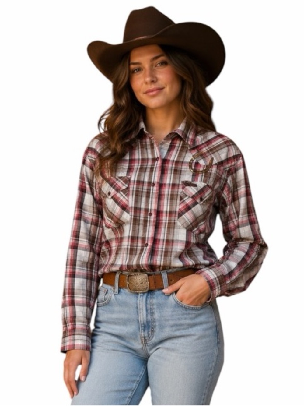 Cowgirl Hardware XL Red Brown Plaid Pearl Snap Western Style Long Sleeve Shirt